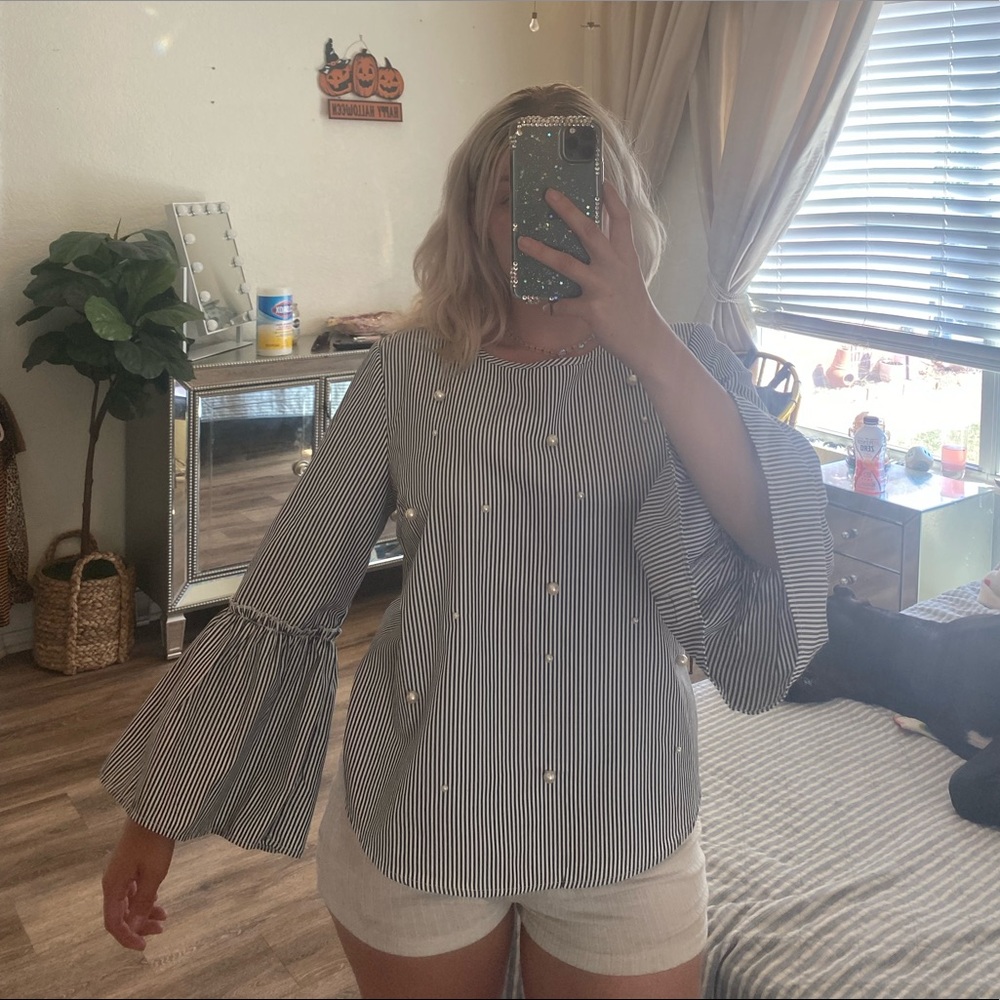 Large Stripes & Pearls Blouse Large